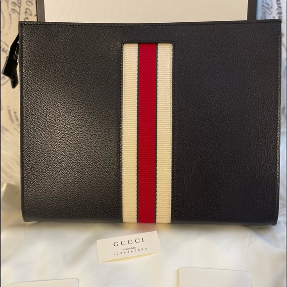 Gucci Black Leather Stripe Logo Toiletry Pouch BNIB Made in Italy - Picture 2 of 11